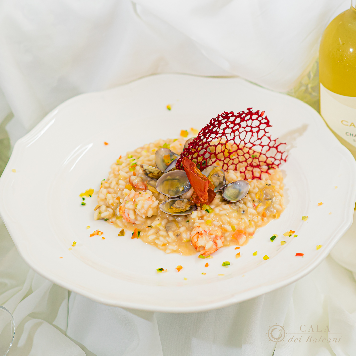 Riso Vialone Nano con gamberetti e vongole — primo piatto matrimoni Cala dei Balcani, Santa Cesarea Terme