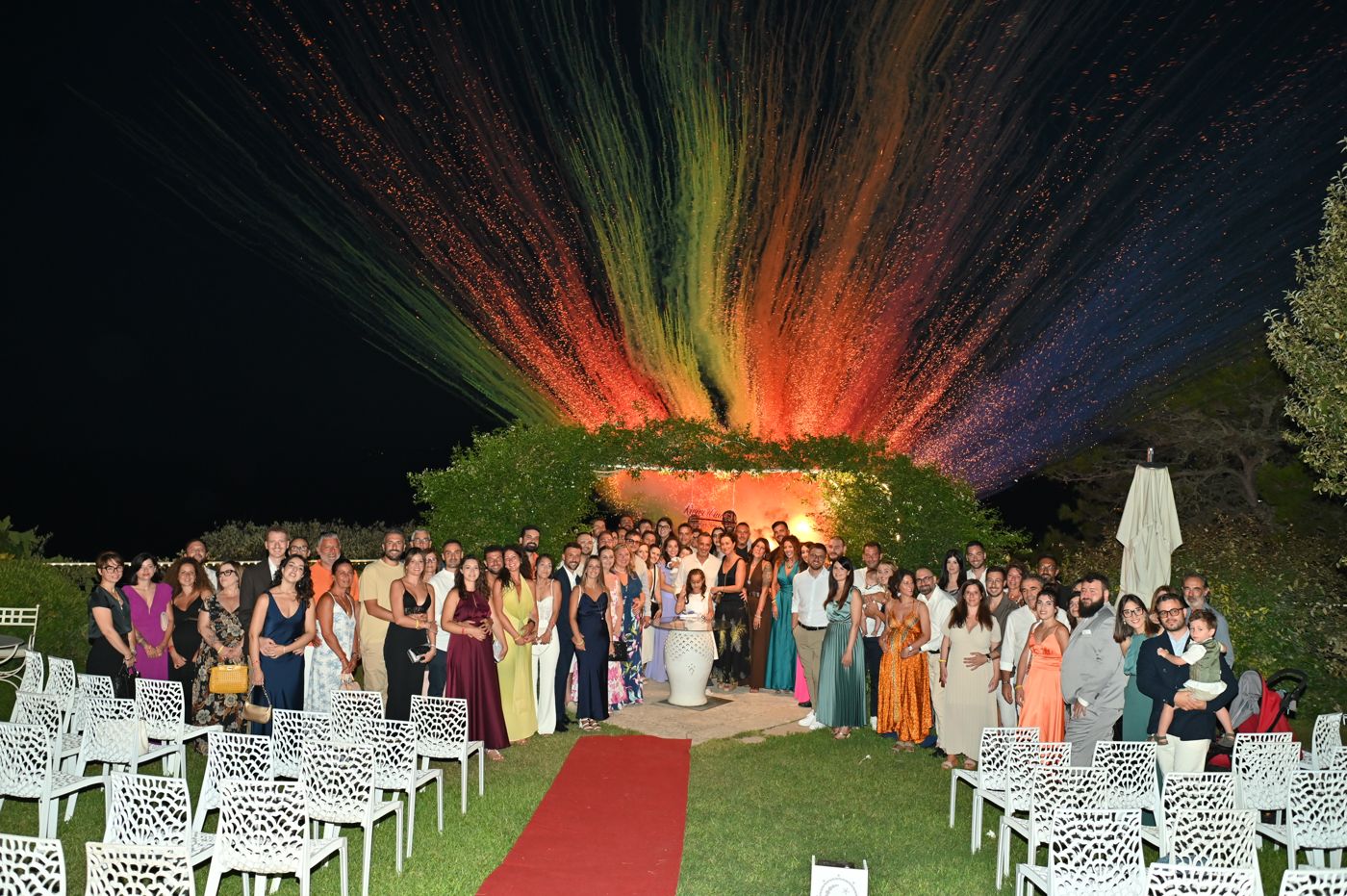 Group photo with coloured smoke at Cala dei Balcani